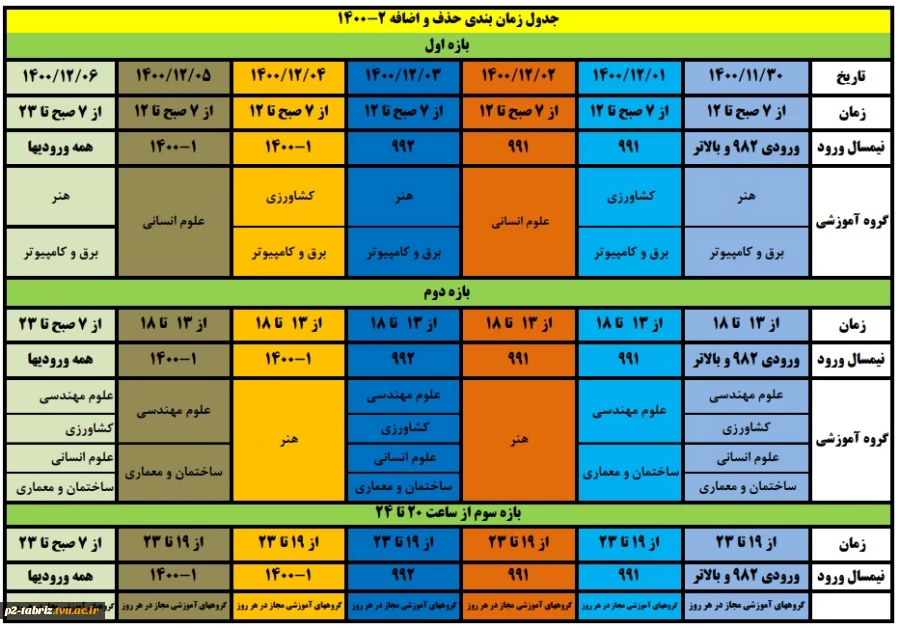 جدول زمان بندی حذف و اضافه  2-1400