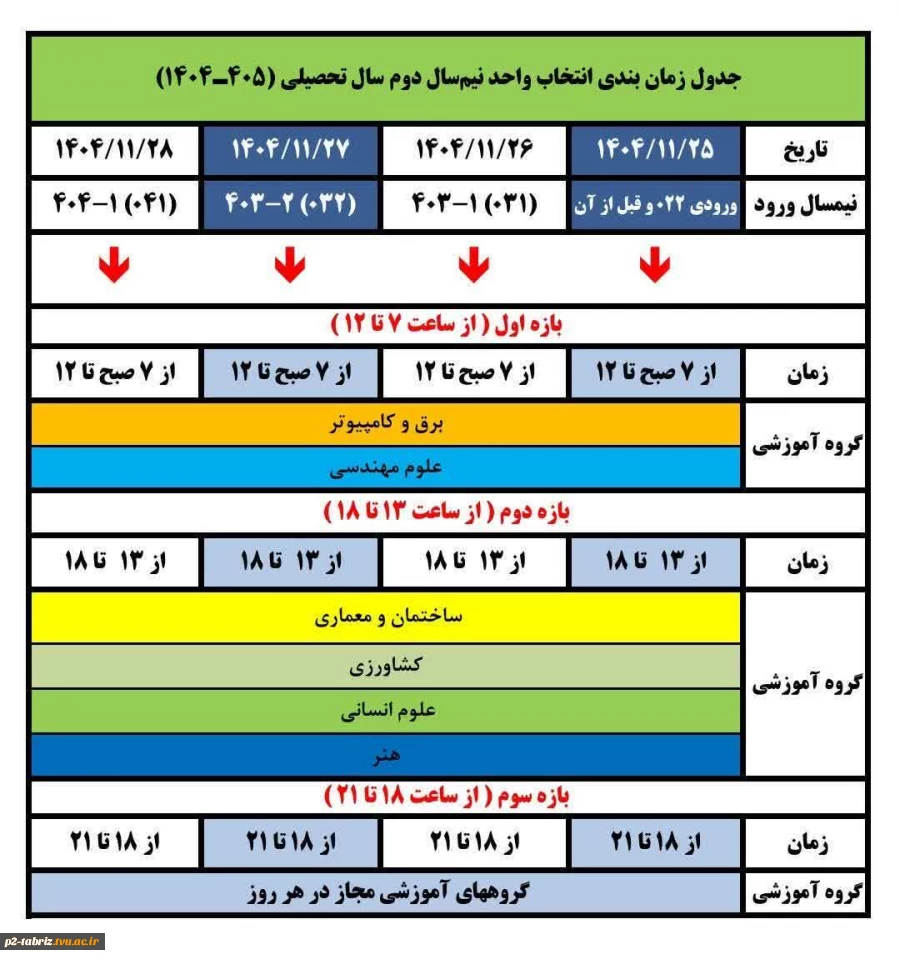 جدول زمان بندی انتخاب واحد نیمسال دوم سالتحصیلی  ۱۴۰۵- ۱۴۰۴