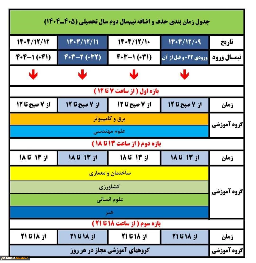 جدول زمان بندی حذف و اضافه نیمسال دوم سالتحصیلی  ۱۴۰۵- ۱۴۰۴